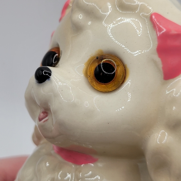 VTG Lefton Poodle Planter with Pink Bows, Glass Eyes & its Original Sticker, HTF - Picture 5 of 15